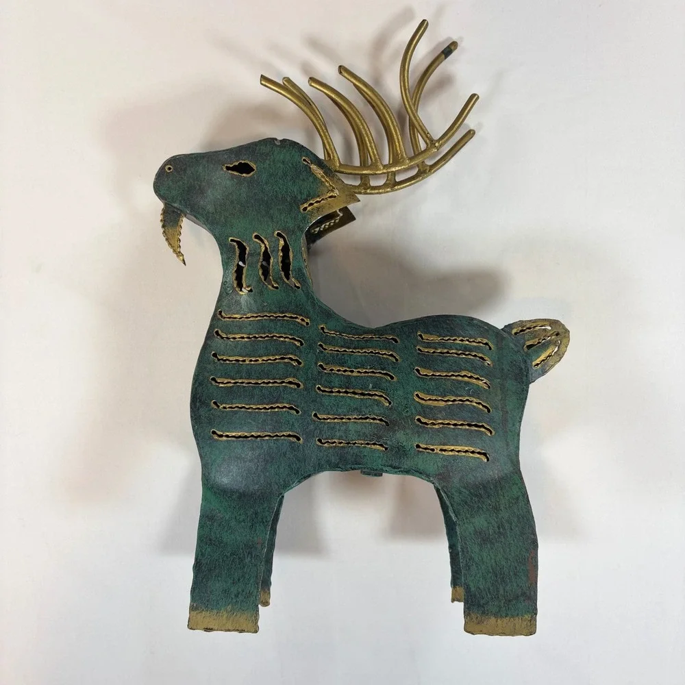 Rustic Verdigris Metal Reindeer Candle Holder Figurine Gold Antler Folk Art 13
